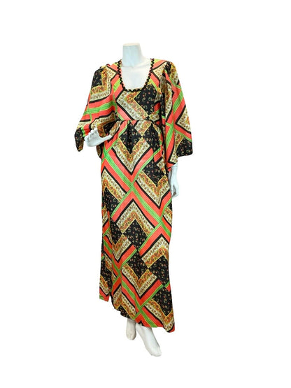 VTG 60S 70S PSYCHEDELIC PAISLEY KAFTAN MAXI DRESS RED GREEN BLACK YELLOW 10-12