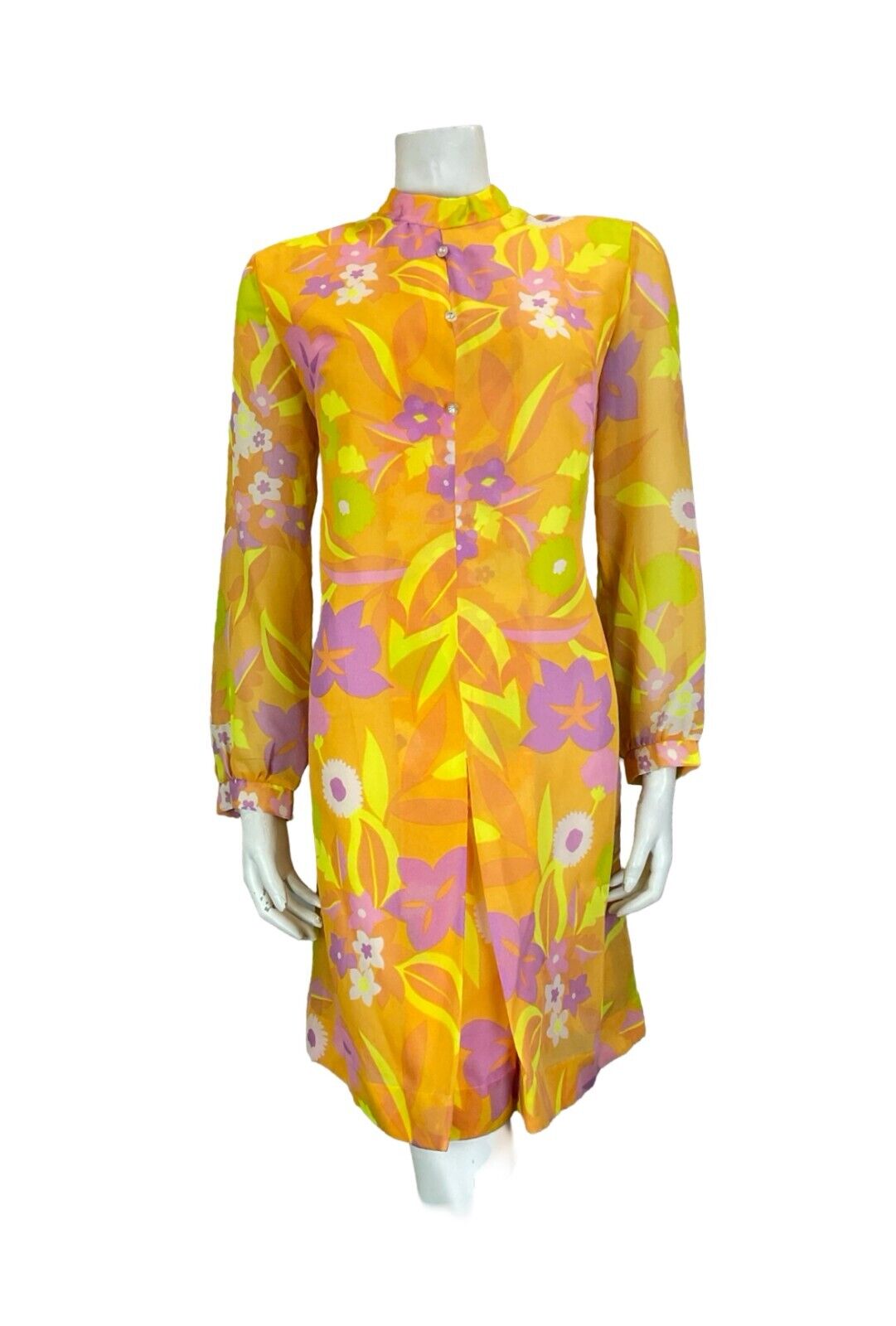 VTG 60S 70S FLORAL PSYCHEDELIC MANDARIN COLLAR ORANGE PINK YELLOW SHIFT DRESS 14