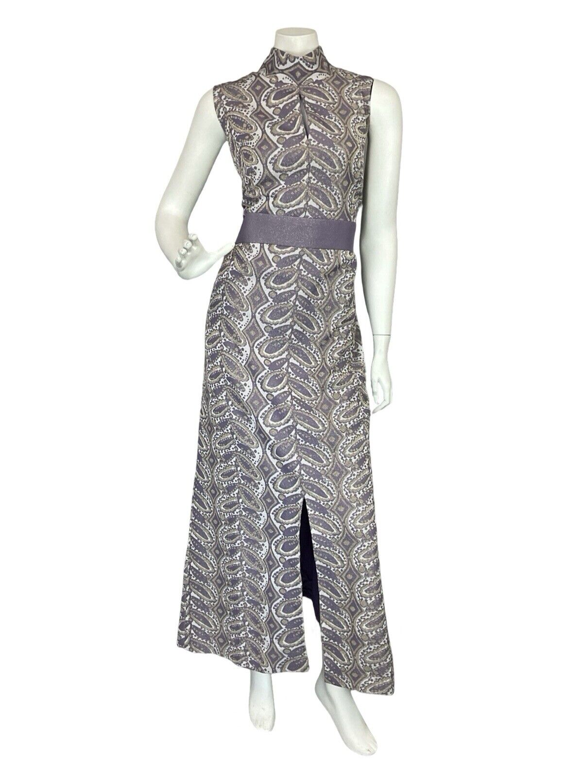 VTG 60S 70S PURPLE GOLD LUREX FUNNEL NECK PSYCHDELIC EVENING PARTY MAXI DRESS 14