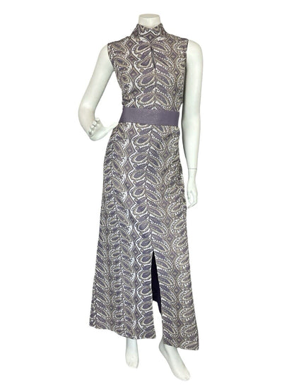 VTG 60S 70S PURPLE GOLD LUREX FUNNEL NECK PSYCHDELIC EVENING PARTY MAXI DRESS 14