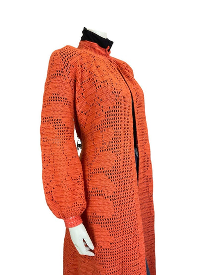 VTG 70S ORANGE HAND KNITTED FLORAL BOHO CARDIGAN TIE NECK BISHOP SLEEVE 10 12 14