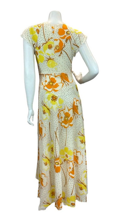 VTG 70S CREAM ORANGE YELLOW FLORAL SUMMER SUN SHEER MAXI DRESS 8 10