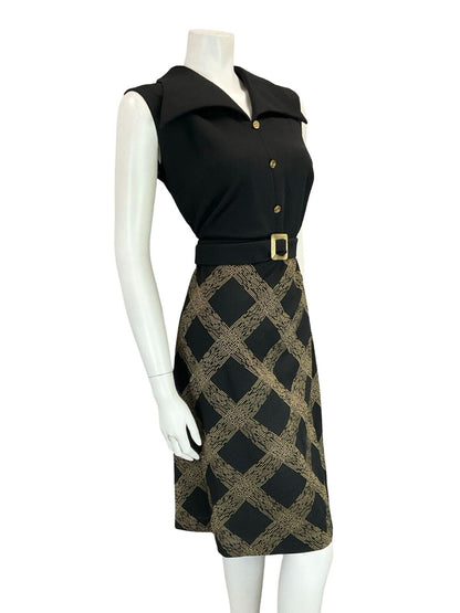 VTG 60S 70S BLACK GOLD CHECKED BELTED WING COLLAR SLEEVELESS SHRT DRESS 14 16