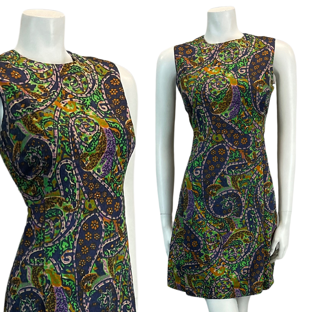 VTG 60S PAISLEY PSYCHEDELIC MINI MOD GOGO SCOOTER DRESS GREEN PURPLE BLUE 8 10