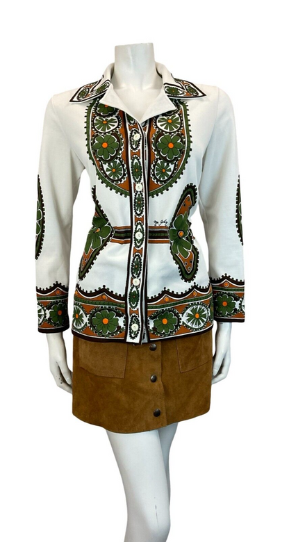 VTG WHITE GREEN BROWN BOHO FOLK FLORAL AZTEC JOHHNY COLLAR SHIRT SIZE 12