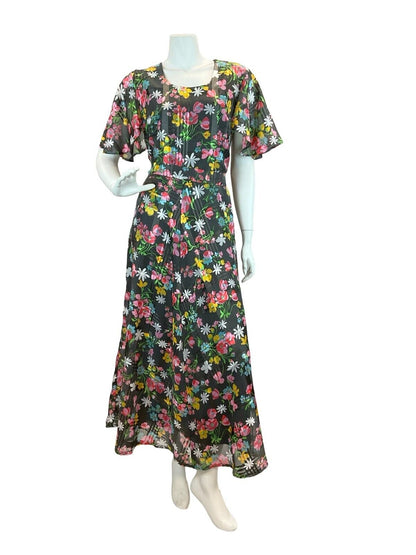 VTG 70S FLORAL DAISY BLACK PINK YELLOW BLUE FLUTTER SLEEVE BELTED MAXI DRESS 12