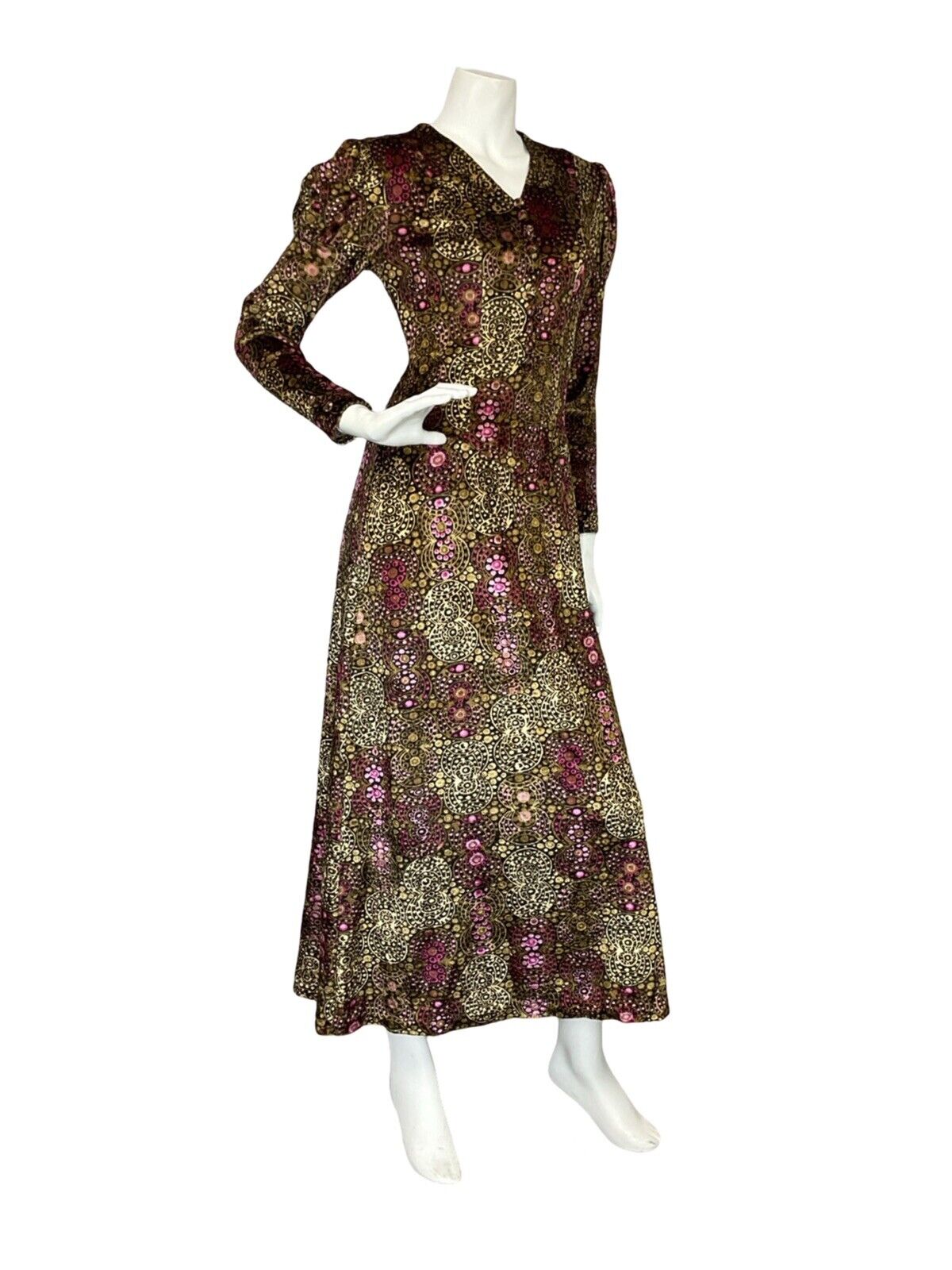 VTG 70S BOHO PRINCESS BROWN PINK DOTTY VELVET MUTTON SLEEVE V NECK MAXI DRESS 6