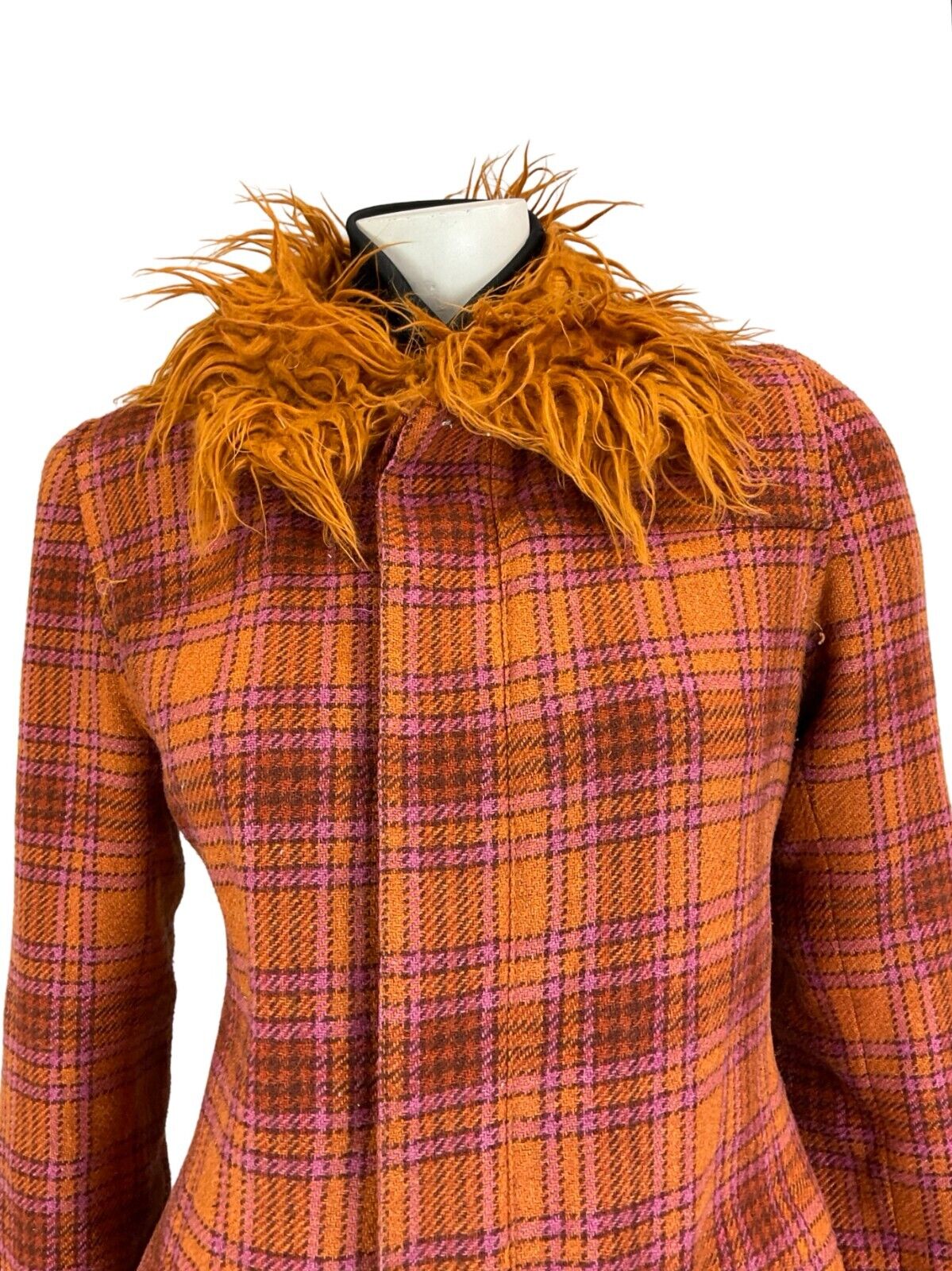 VTG 60S MOD PINK ORANGE FAUX FUR CHECKED TARTAN COAT SIZE 10 12