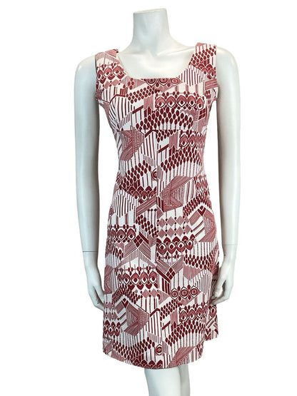 VTG 60S 70S ABSTRACT MOD GOGO SCOOTER RED WHITE MAROON MINI SHIFT DRESS 8 10 12