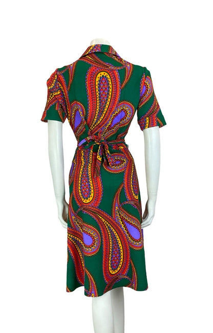 VTG 60S 70S BEAGLE COLLAR PSYCHEDELIC PAISLEY GREEN PURPLE RED SHIRT DRESS 12 14