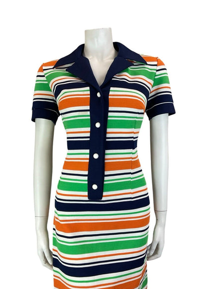 VTG 60S 70S STRIPED NAVY BLUE WHITE ORANGE GREEN JOHHNY COLLAR SHIRT DRESS 14 16