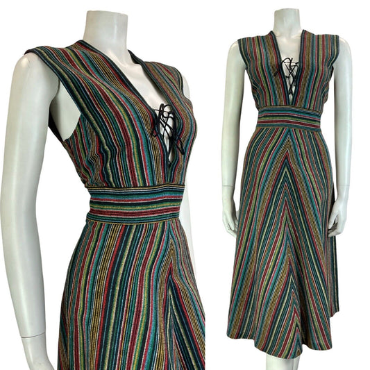 VTG 70S SWEDISH FOLK BLACK BLUE RED GREEN STRIPED TUNIC MIDI LACE UP DRESS 10