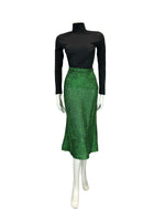 VTG 70S EMERALD GREEN GLITTERY LUREX MIDI SKIRT WITH SLIT SIZE 14