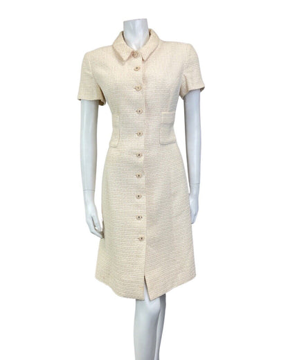 VINTAGE 90s YELLOW WHITE BOUCLE WOOL CHANEL BOUTIQUE SHIRT DESIGNER DRESS 10 12