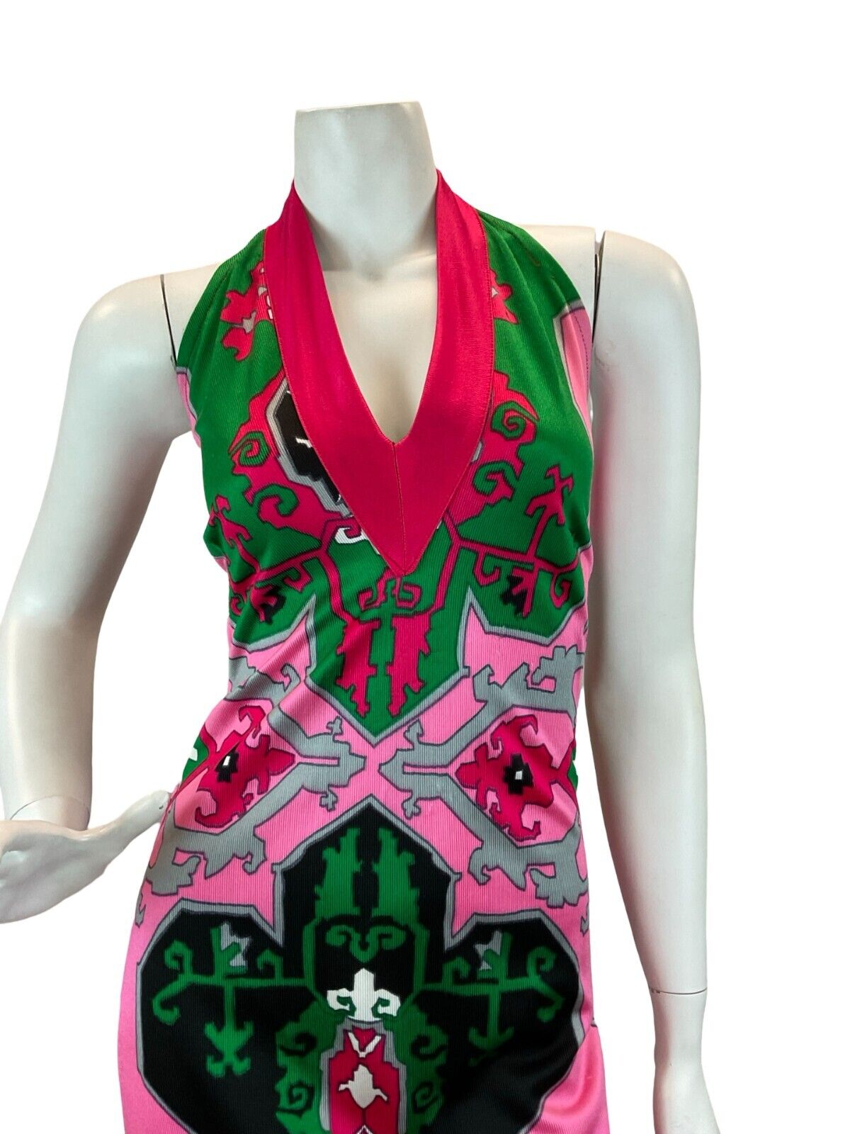 VTG 1970S HALTER SUMMER SUN GEOMETRIC PSYCHEDELIC MAXI DRESS PINK GREEN BLACK 10