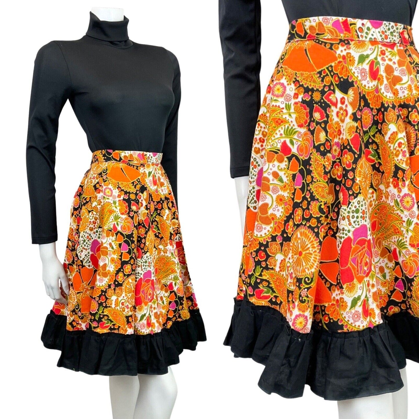 VINTAGE 60s 70s ORANGE PINK BLACK PSYCHEDELIC FLORAL RUFFLED CIRCLE SKIRT 10 12