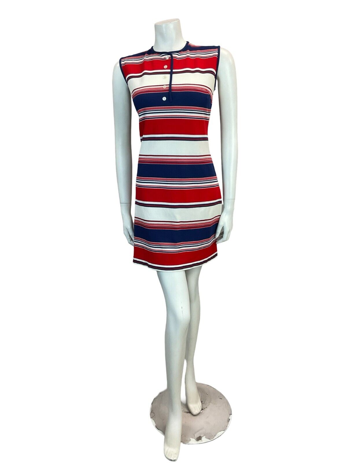 VTG 60S MOD STRIPED RED BLUE SCOOTER GOGO SLEEVELESS MINI DRESS SIZE 12