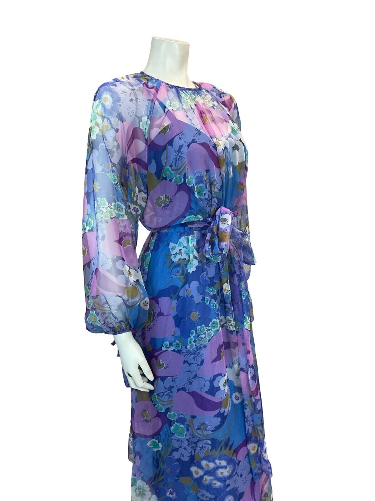 VTG 70S FLOATY SHEER CHIFFON FLORAL MIDI DRESS BLUE PURPLE WHITE 10 12