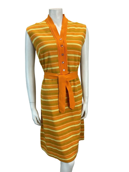 VTG 60S MOD GOGO SCOOTER STRIPED JACQUARD MINI DRESS ORANGE YELLOW 12 14 16