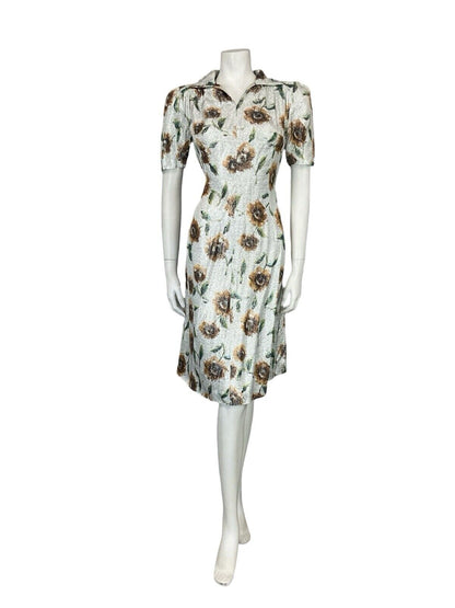 VTG 60S 70S SILVER BROWN FLORAL SPARKLY PARTY SHORT SLEEVE SHIRT MIDI DRESS 10