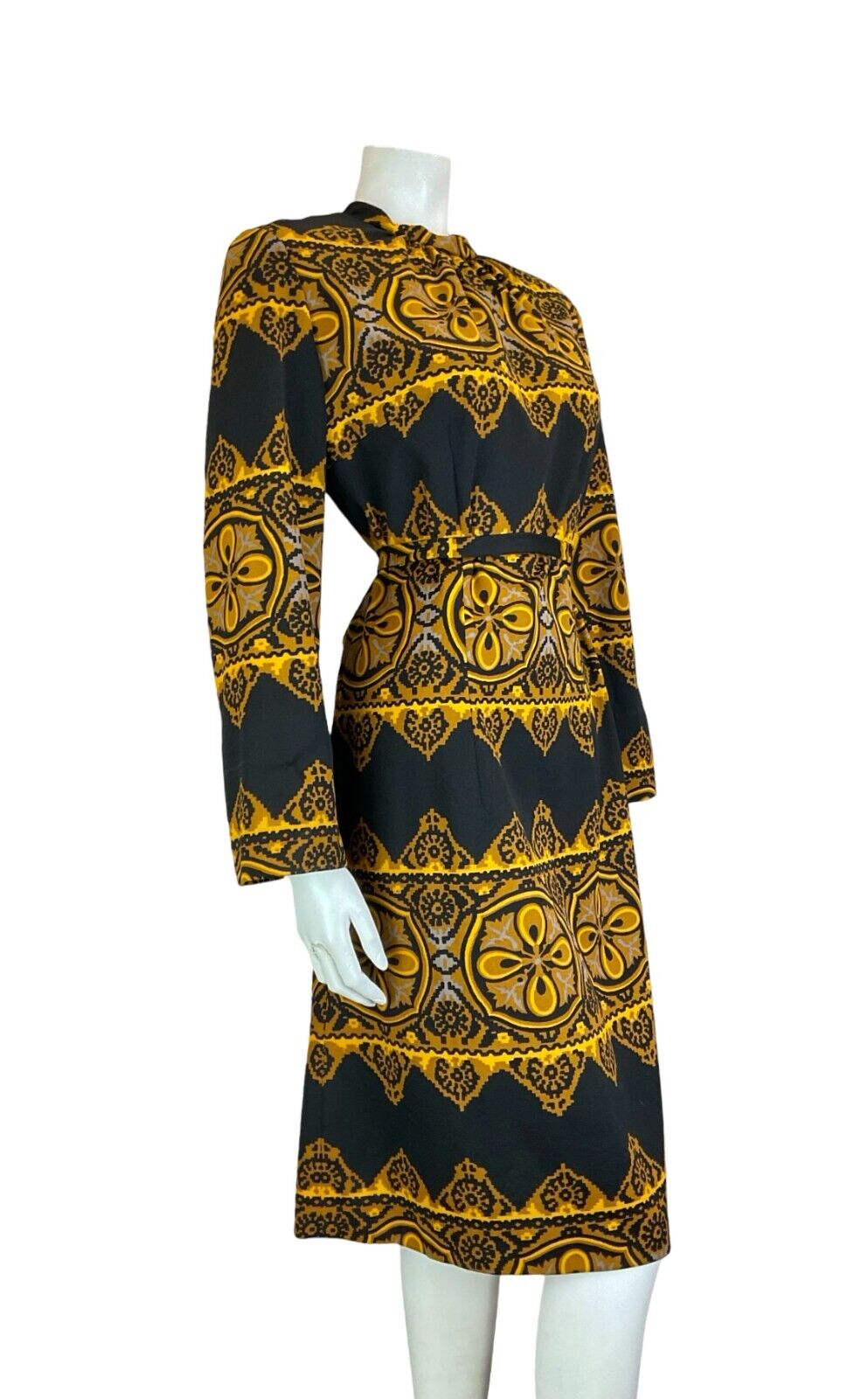 VTG 70S BLACK BROWN YELLOW BOHO LONG SLEEVE ROUNDED NECK GEOMETRIC DRESS SIZE 16