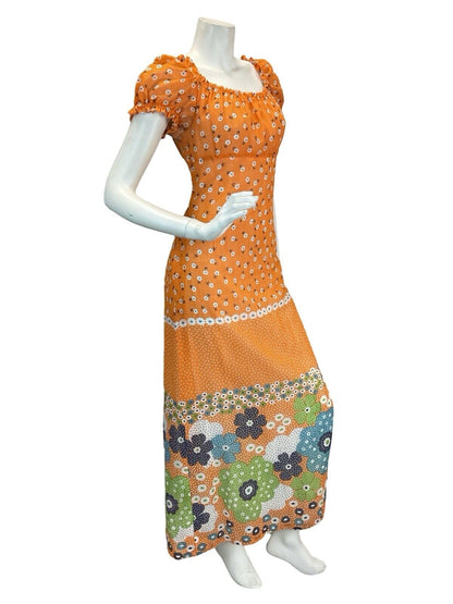 VTG 60s 70s ORANGE DAISY PSYCH RETRO FLORAL PRINT PUFF SLEEVE MAXI DRESS 8 10