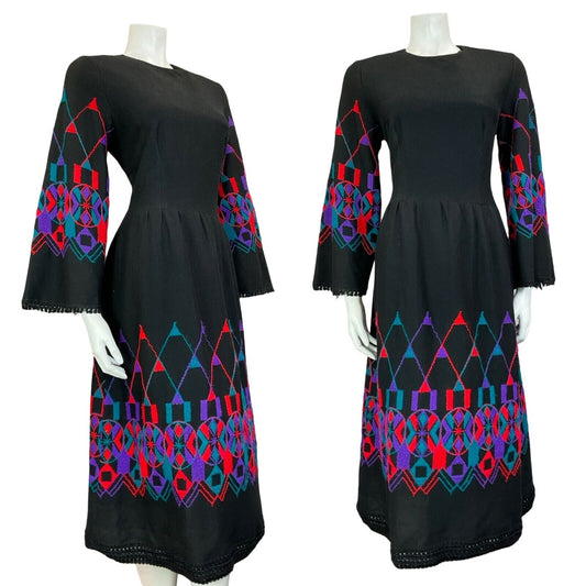 VTG 70S EMBROIDERED WOOL FLARE SLEEVE BLACK PURPLE TEAL RED MIDI DRESS 8 10 S