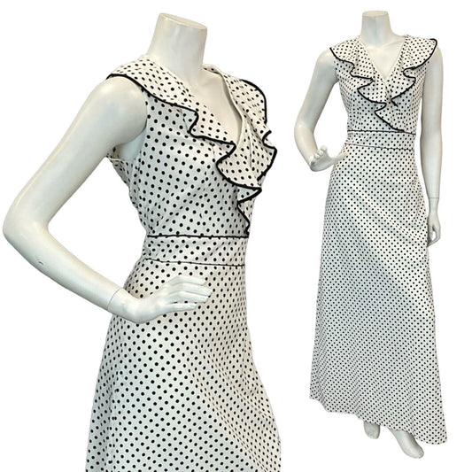 VTG 60s 70s WHITE BLACK POLKA DOT RUFFLE V-NECK MAXI DRESS 10