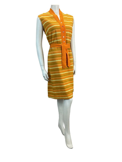 VTG 60S MOD GOGO SCOOTER STRIPED JACQUARD MINI DRESS ORANGE YELLOW 12 14 16