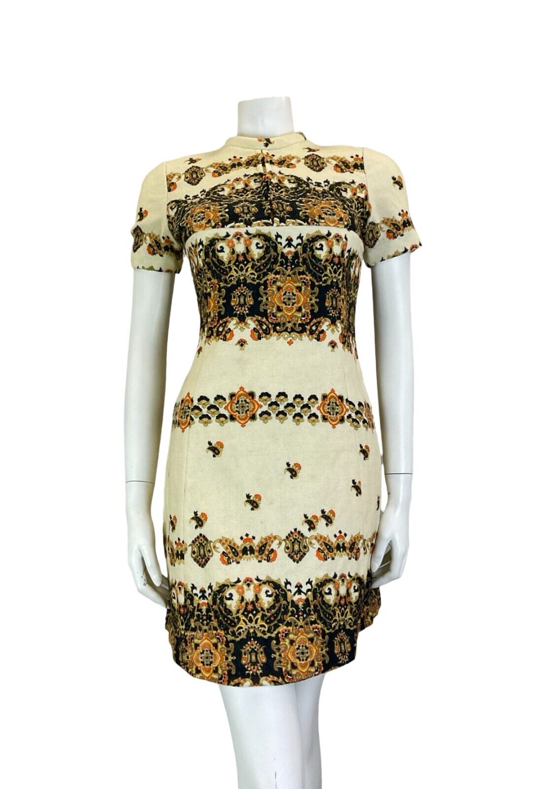 VTG 60S PAISLEY HIPPY MOD CREAM BLACK ORANGE WOOL SHORT SLEEVE SHIFT DRESS SIZE6