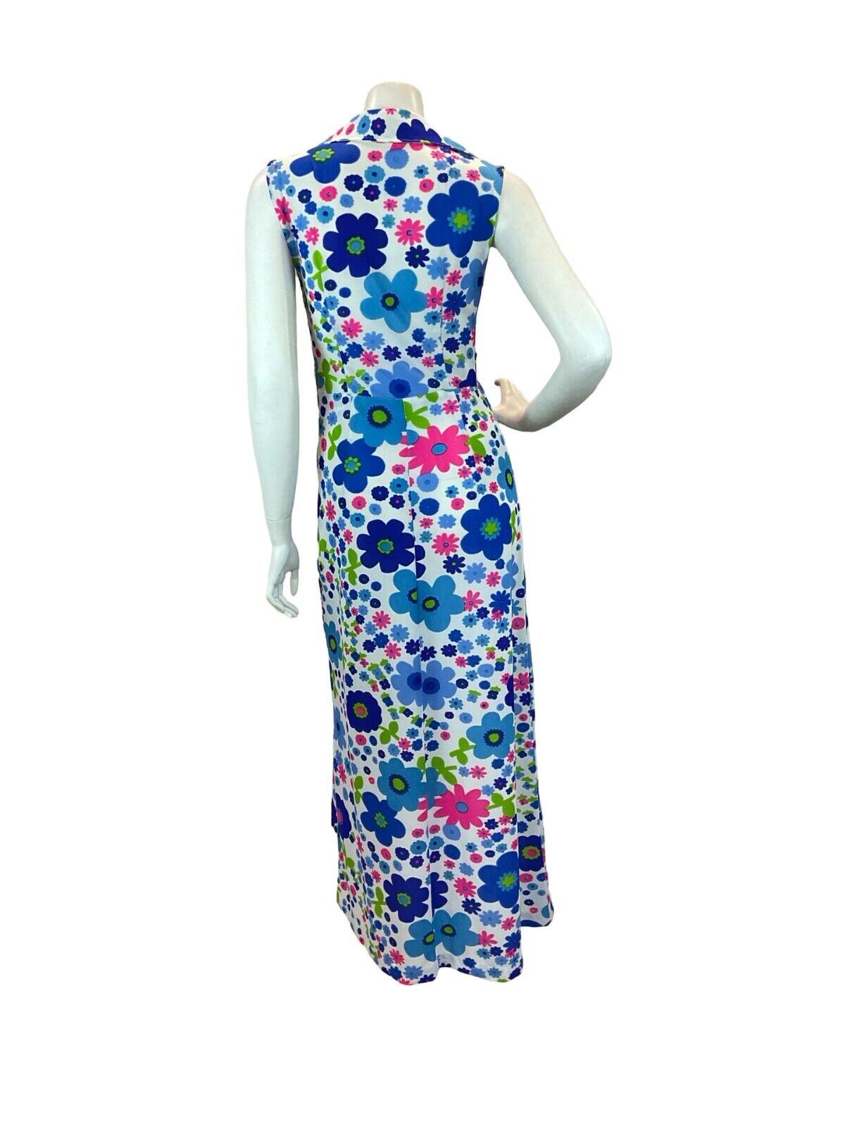 VTG 70S POP ART PSYCHEDELIC FLORAL DAGGER COLLAR MAXI DRESS PINK BLUE GREEN 10