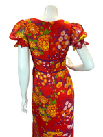 VTG 70S PSYCHEDELIC FLORAL DAISY EMPIRE MAXI DRESS RED ORANGE YELLOW PURPLE 8