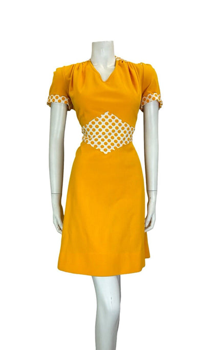 VTG 60S MINI MOD YELLOW WHITE POLKA DOT TIE WAIST SHORT SLEEVE MINI DRESS 12 14