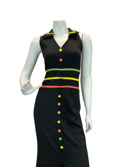 VTG 90S 70S GLAM ROCK STYLE CLUB BLACK ORANGE GREEN YELLOW MAXI DRESS 10