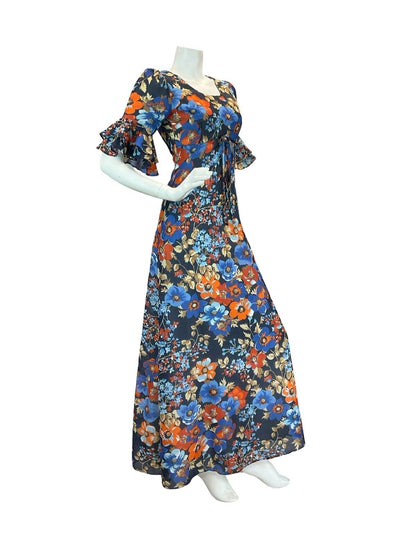 VTG 70S BLUE ORANGE FLORAL BELL SLEEVE EMPIRE MAXI DRESS 8