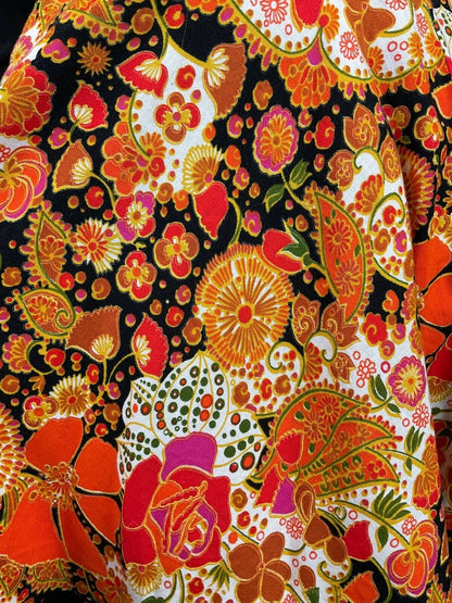 VINTAGE 60s 70s ORANGE PINK BLACK PSYCHEDELIC FLORAL RUFFLED CIRCLE SKIRT 10 12