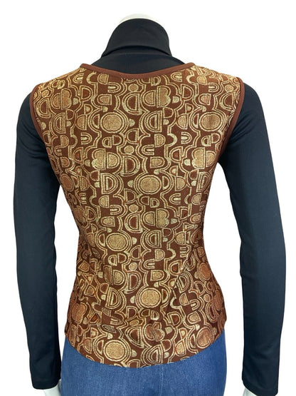 VTG 70S BROWN GOLD COPPER ART DECO GEOMETRIC WAISTCOAT SIZE 16