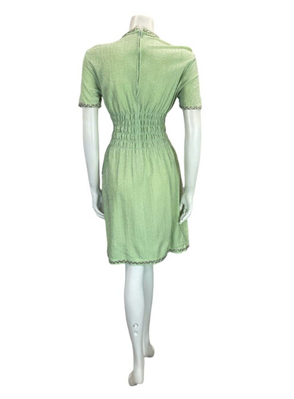 VTG 60S PASTEL GREEN SILVER TRIM T SHIRT MINI DRESS WITH ELASTICATED WAIST 6 8