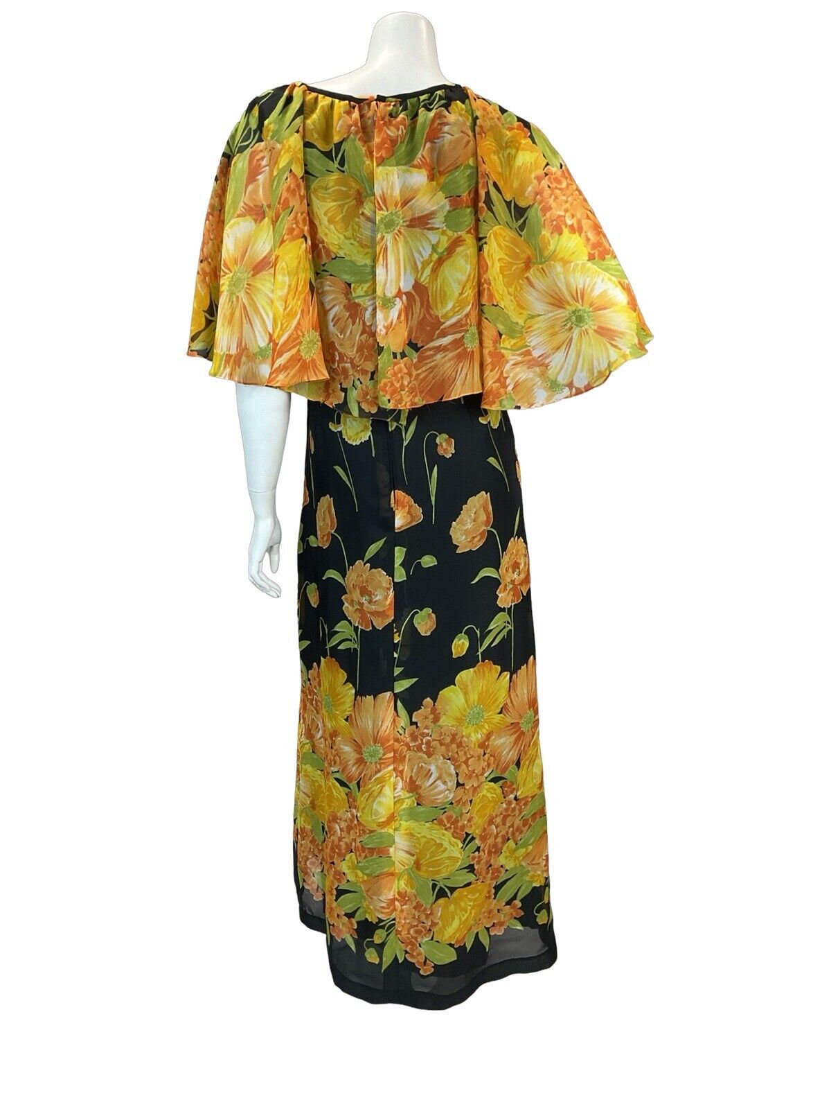 VTG 60s 70s CAPE SLEEVE ORANGE YELLOW GREEN BLACK FLORAL MAXI DRESS 10 12