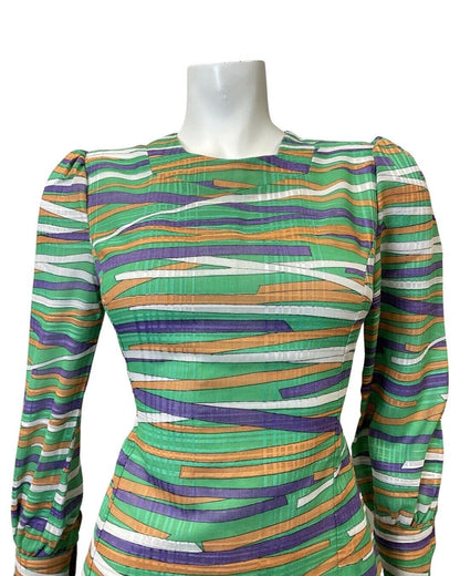 VINTAGE 60s 90s GREEN PURPLE ORANGE STRIPED LONGSLEEVE MOD MINI DRESS 8 10