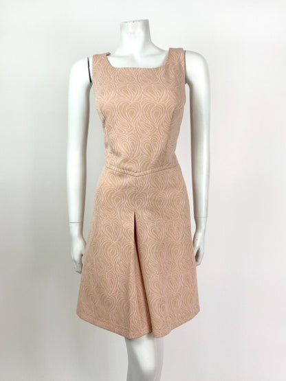 VINTAGE 60s 70s BEIGE BABY PINK SWIRL PSYCHEDELIC PAISLEY SLEEVELESS DRESS 12