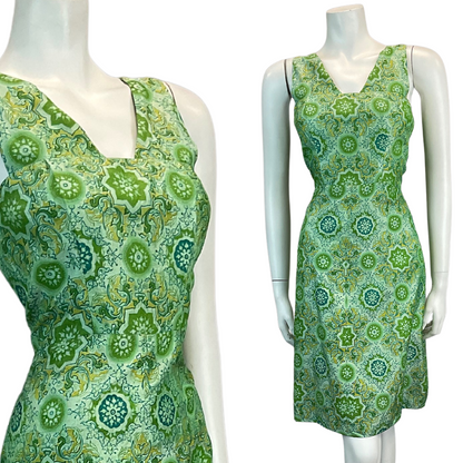 VINTAGE 60s 70s GREEN GEOMETRIC TRIPPY PATTERN MINI DRESS 10