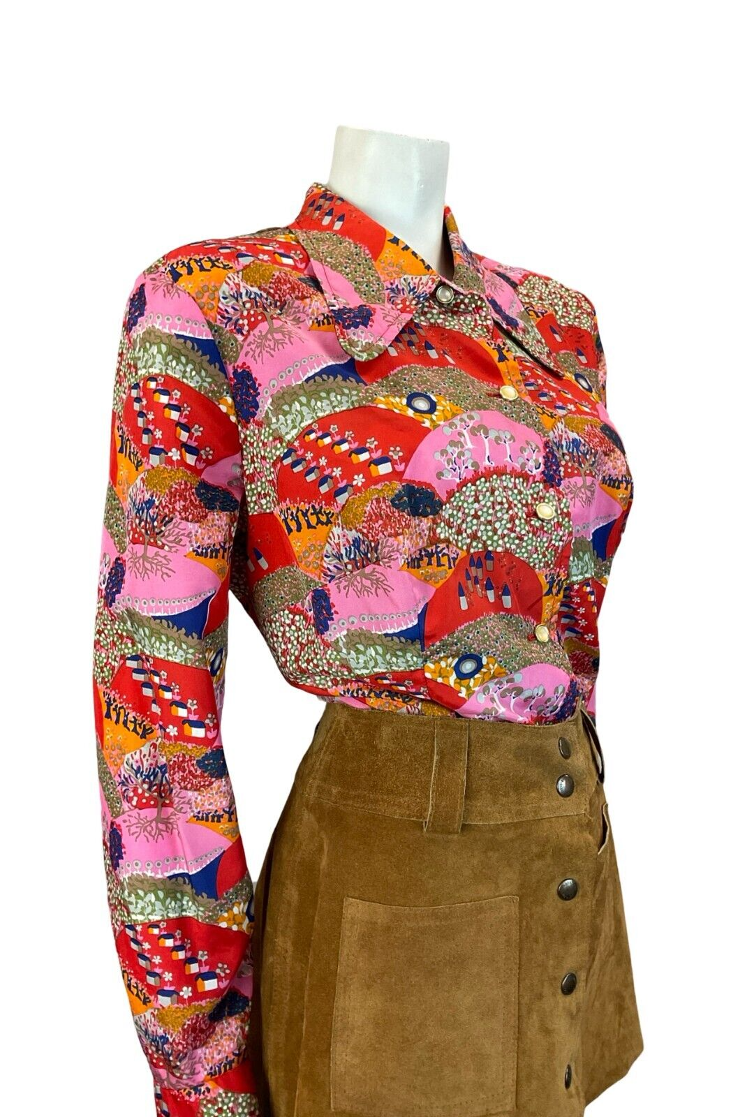 VTG 60S 70S PSYCHDELIC LANDSCAPE PINK RED NAVY BLUE DOG EAR COLLAR SHIRT 18