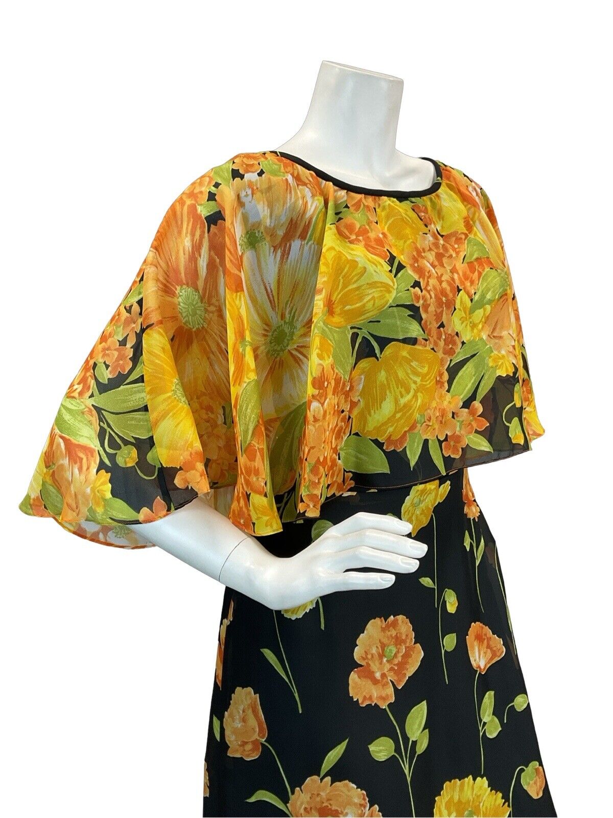 VTG 60s 70s CAPE SLEEVE ORANGE YELLOW GREEN BLACK FLORAL MAXI DRESS 10 12