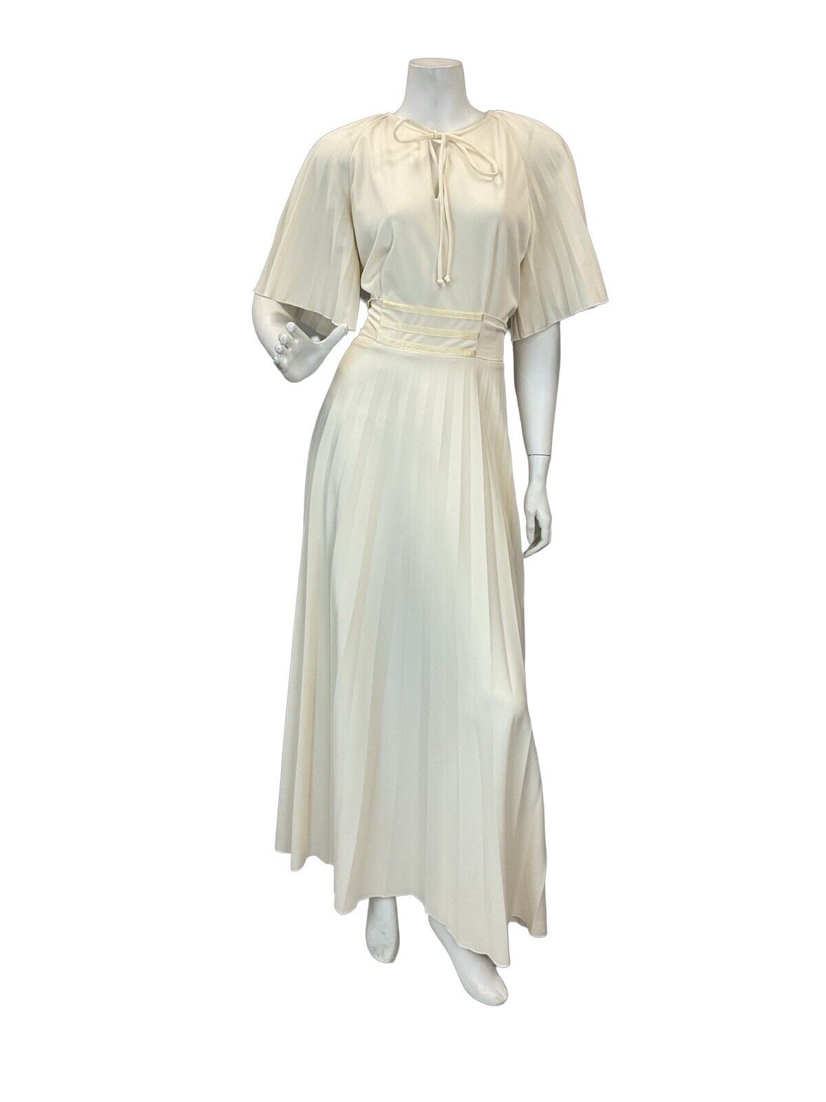 VTG 70s CREAM BOHO WEDDING BRIDAL ANGEL SLEEVE PLEATED MAXI DRESS 14 16