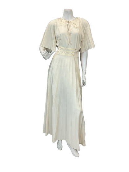 VTG 70s CREAM BOHO WEDDING BRIDAL ANGEL SLEEVE PLEATED MAXI DRESS 14 16