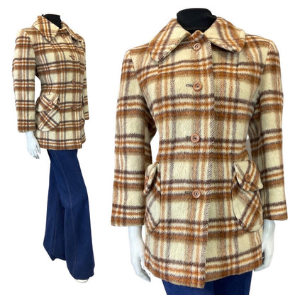 VINTAGE 60s 70s CREAM BROWN PLAID CHECKED MOD SPOON COLLAR WOOL COAT 14 16