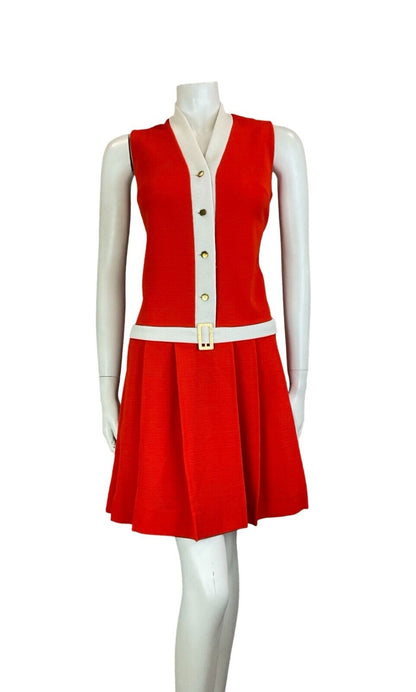 VTG 60S 70S DROP WAIST SLEEVELESS RED WHITE MINI DRESS SIZE 10 12