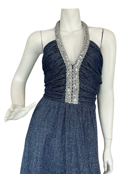 VTG 70S STUDIO 54  BLUE SILVER SEQUIN TRIM STRIPED HALTER NECK MAXI DRESS 8 10 S