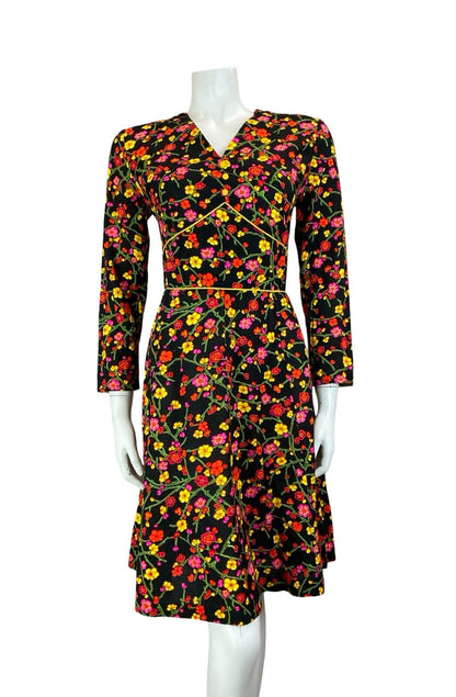 VTG 70S PSYCHDELIC CHERRY BLOSSOM BLACK YELLOW PIINK V NECK LONG SLEEVE DRESS 10